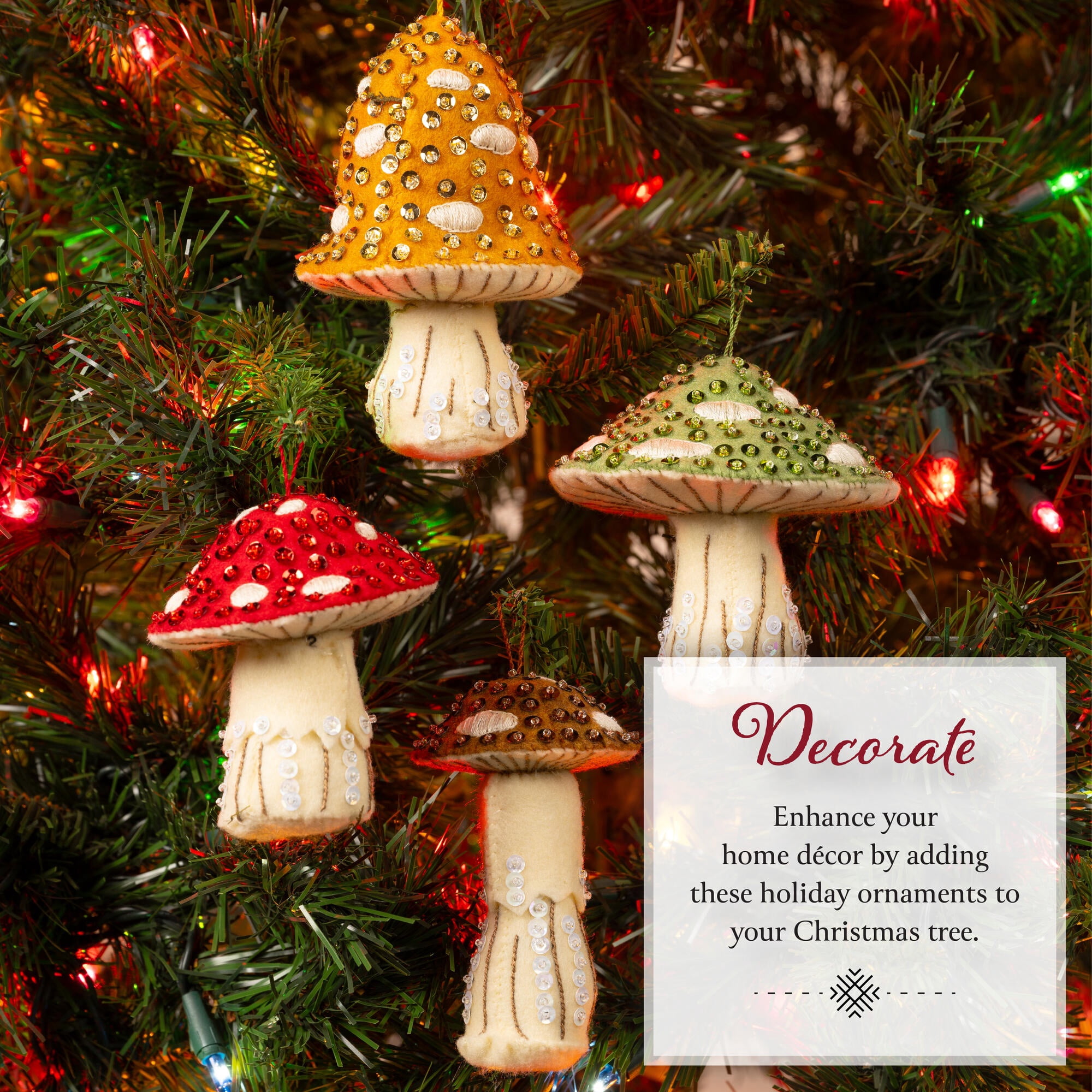 Bucilla Merry Mushrooms 4 Count Felt Applique Ornament Kit, 3.25 x 4 in