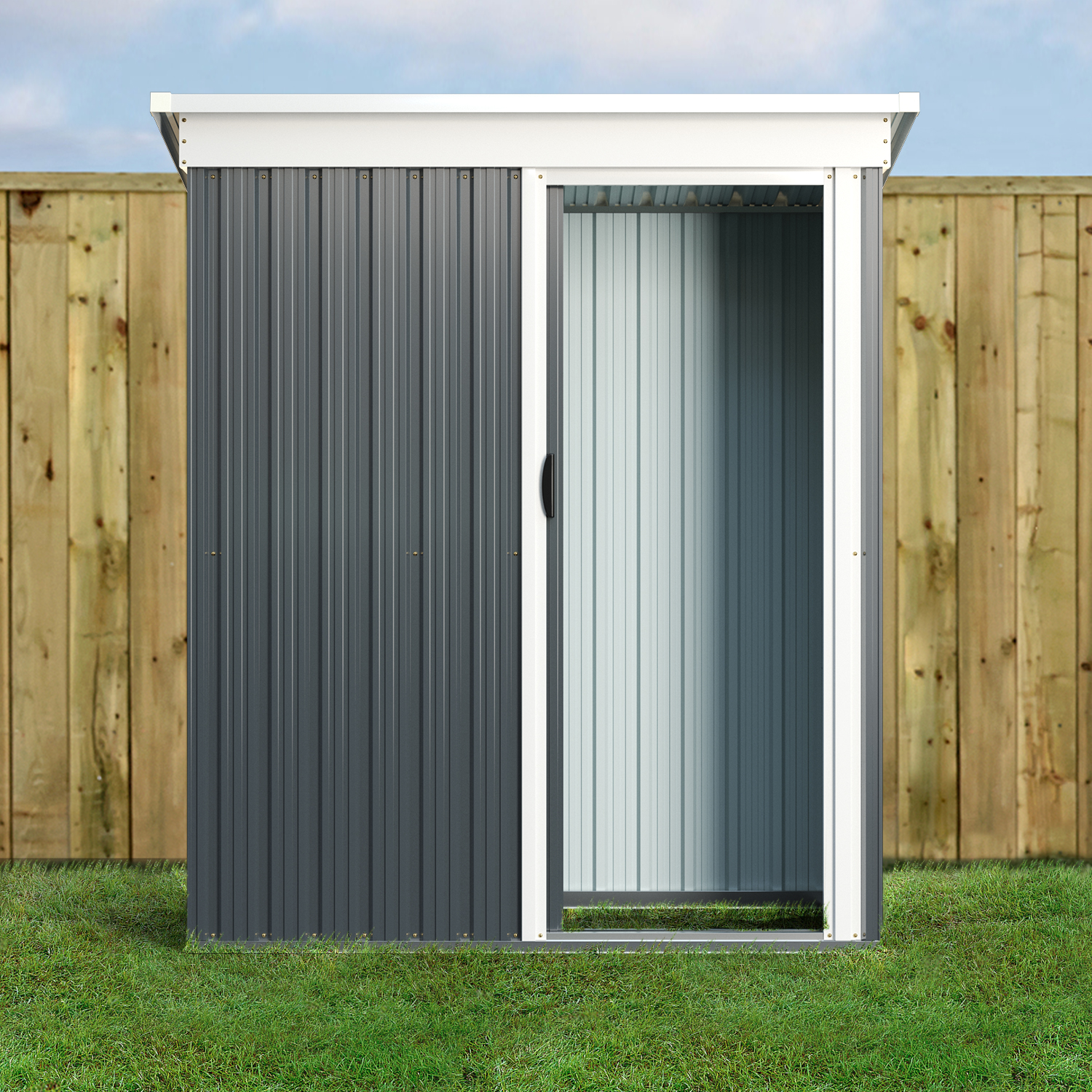 Sunmthink 5x3 ft Outdoor Metal Storage Shed with a Movable Door, Metallic Grey