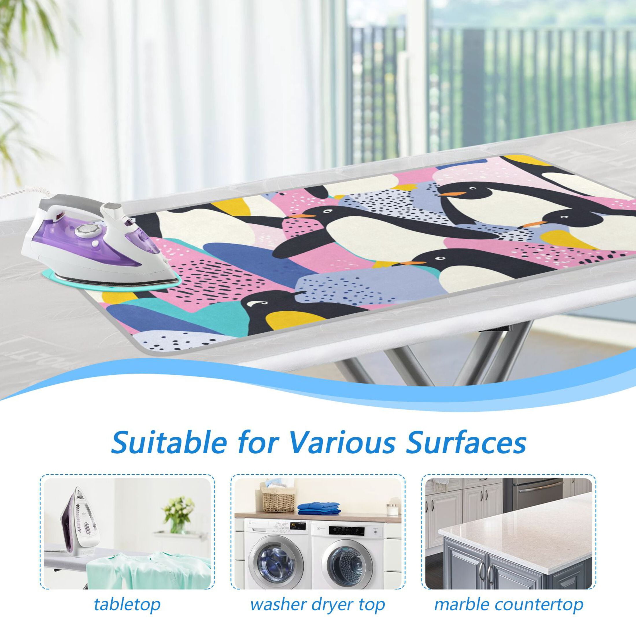 Penguins on Colorful Background Ironing Mat Blanket for Table Top Travel Portable Ironing Board Pad 47.2x27.6 Inch