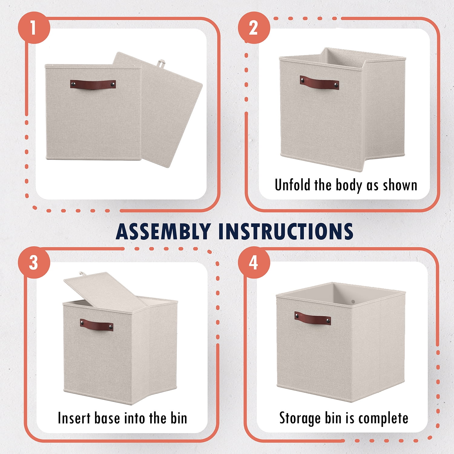 Ornavo Home Foldable Collapsible Storage Box Bins Linen Fabric Shelf Basket Cube Organizer with Leather Handles - Set of 6 - 13 x 15 x 13 - Beige