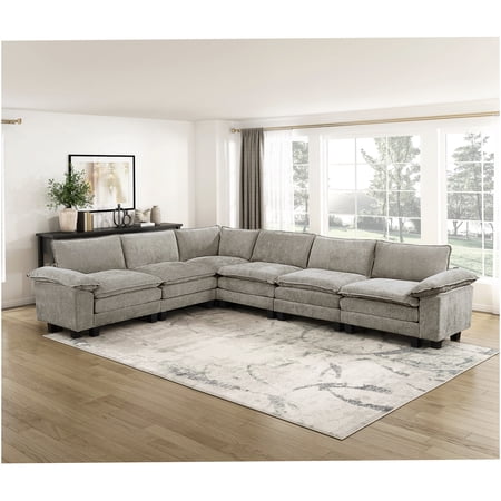 Pewter Chenille Modular Sectional Sofa Set 6-Piece L-Shaped Couch with Reversible Cushions and Pocket Coil Support