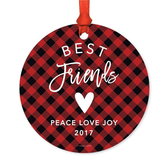 Family Metal Christmas Ornament, Best Friends Christmas 2017, Red Plaid, Includes Ribbon and Gift Bag