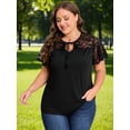 thumbnail image 5 of LapaPlus Women's Plus Size Summer Tops - Short Sleeve Lace Splicing Blouse with Bandage & Hollow Design, Round Neck Elegant Cocktail Party T-Shirt, 5 of 10