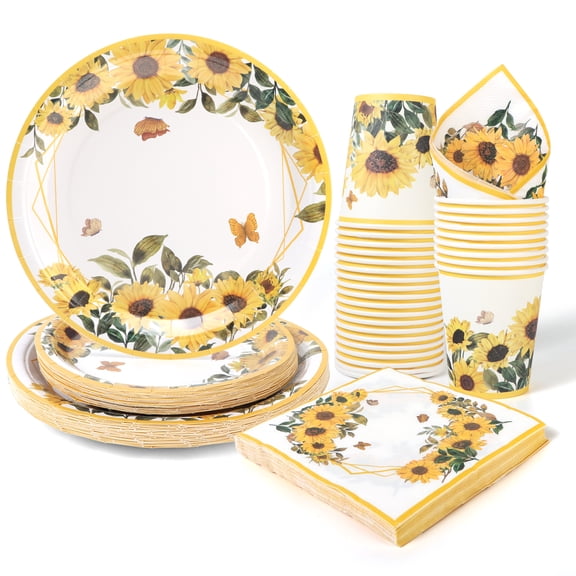 Sunflower Paper Plates, Sunflower Floral Elegant Party Paper Plates and Cups and Napkins Party Supplies for Girls Birthday, Bridal Shower, Disposable Dinnerware Set, Serve for 25 Guests