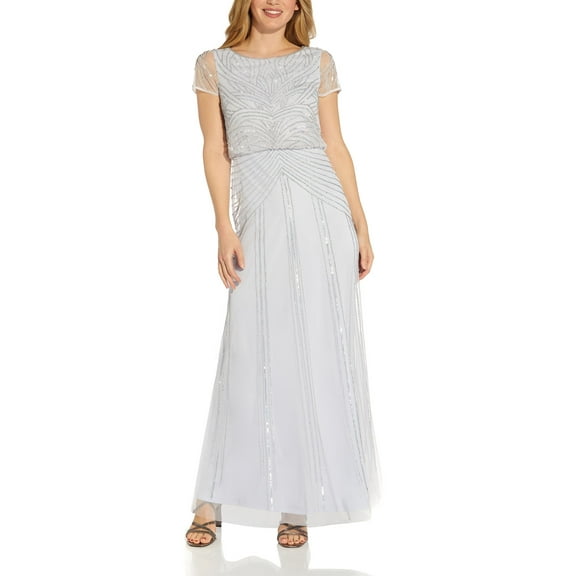 Adrianna Papell Round Neck Back Zipper Short Sleeves Long Dress-SERENITY / 0