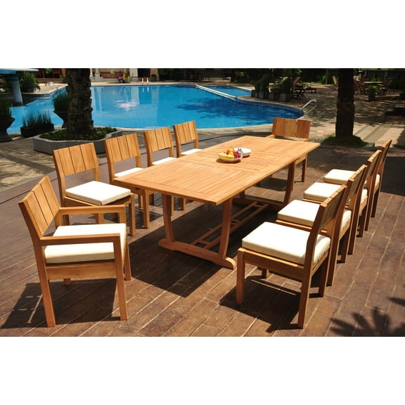 Grade-A Teak Dining Set: 10 Seater 11 Pc: 94" Double Extension Mas Rectangle Trestle Leg Table And 10 Veranda Chairs (2 Arm & 8 Armless Chairs) WholesaleTeak #WMVR72