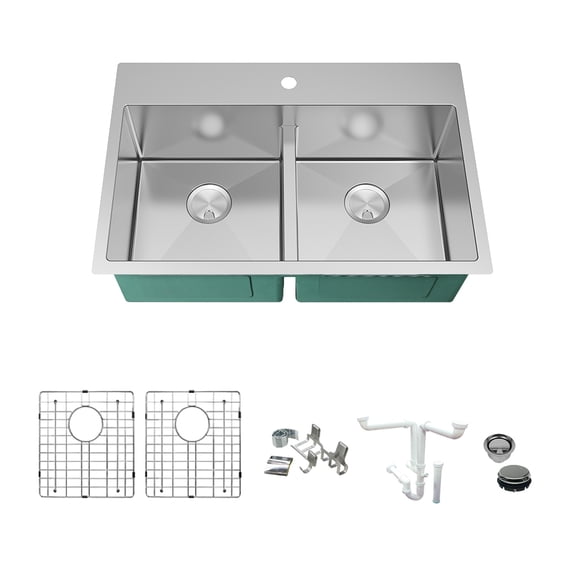 Transolid KKM-DTDE332210 Diamond 33-in L x 22-in W Equal Double Bowl Dual-Mount Kitchen Sink and Accessories Kit with 1 Pre-Drilled Hole in Stainless Steel