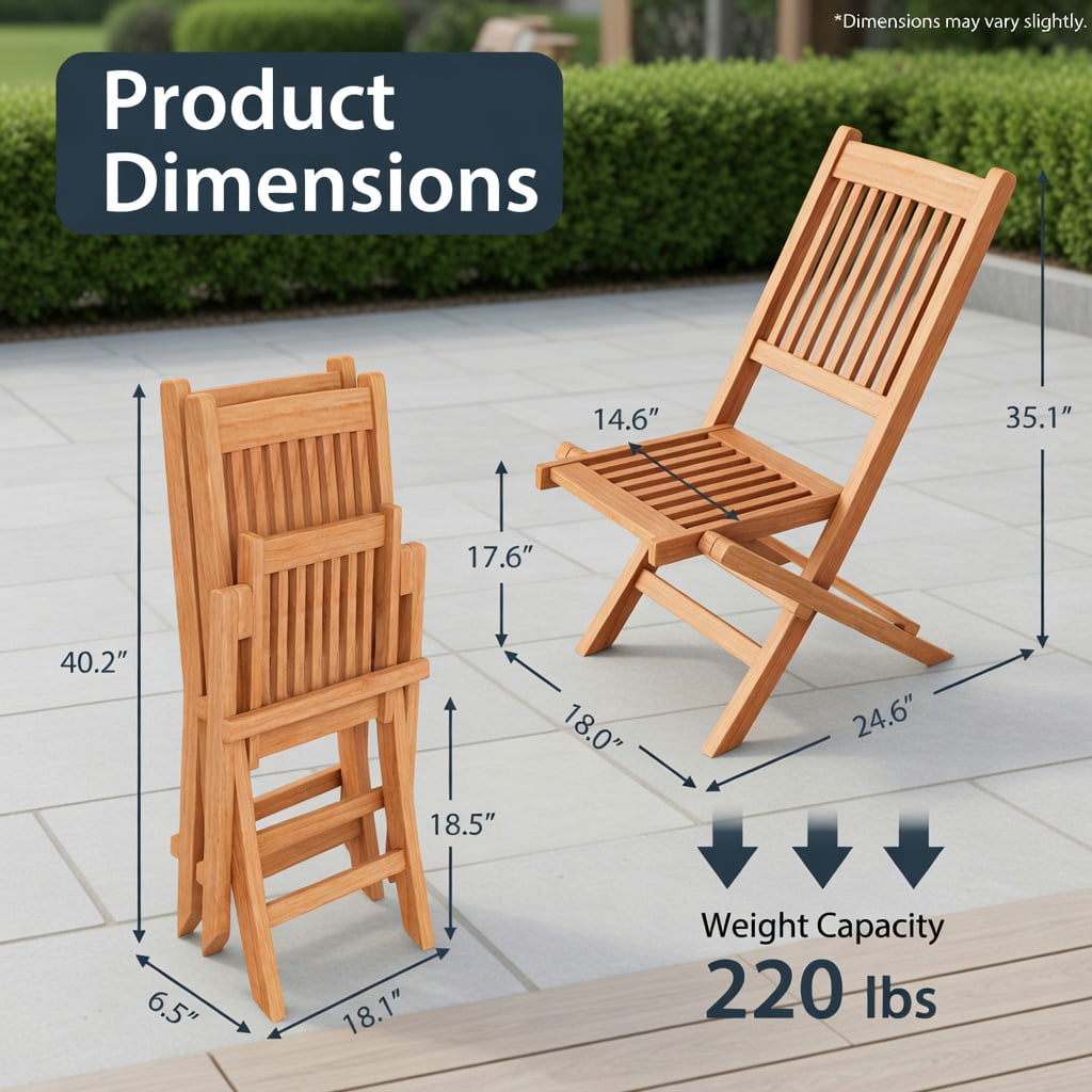 Hommoo Indonesia Teak Wood Folding Patio Dining Chair, Slatted Seat, Lightweight 10 lb Outdoor Chair for Backyard, Poolside & Camping, Natural