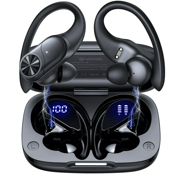 Écouteurs Sans Fil Bluetooth V6 88h de Lecture Sport avec Crochet d'Oreille Affichage Numérique Boîtier de Charge IPX7 Étanche Écouteurs Basses Profondes pour Course