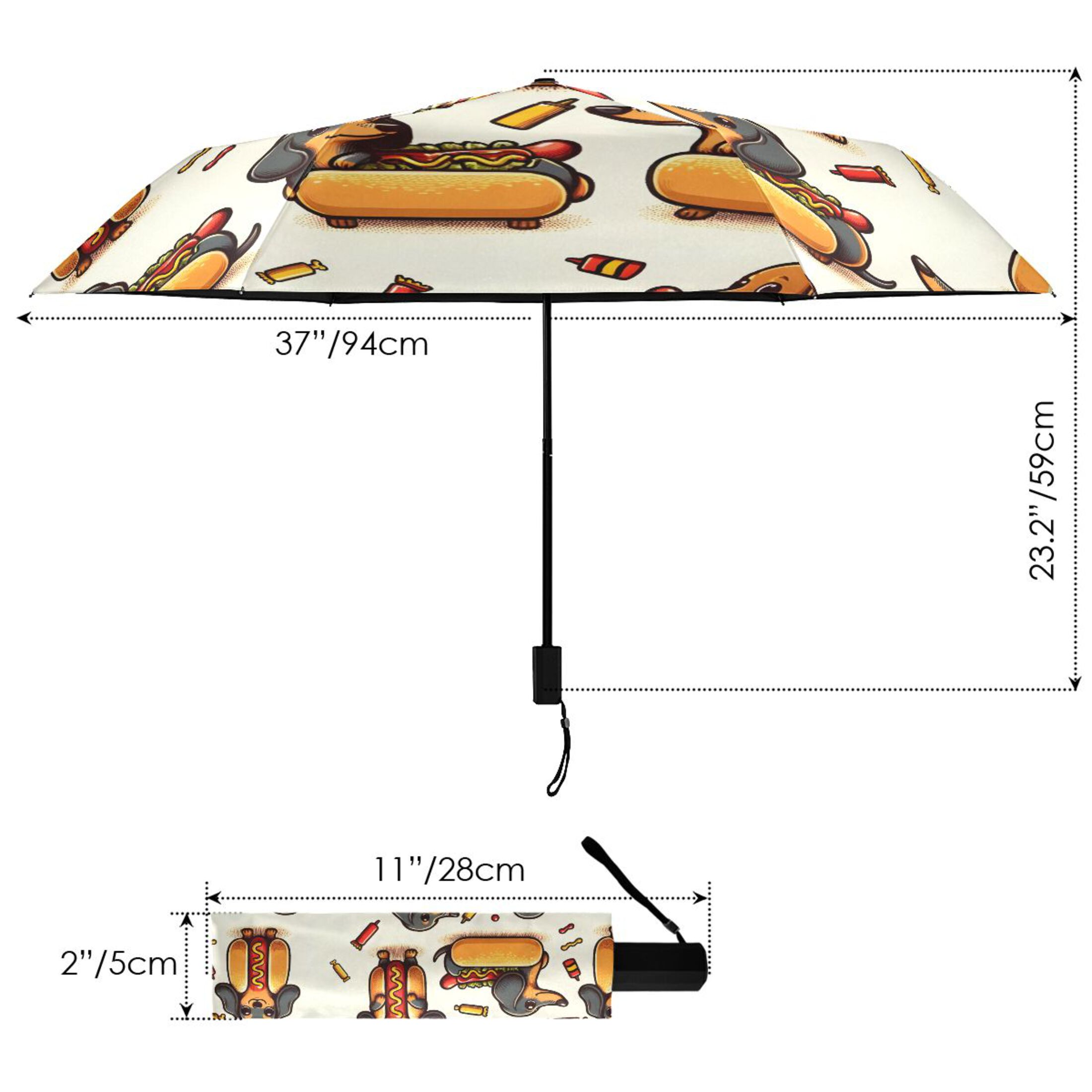 Dachshund Dog in Hot Dog Compact Sun Umbrella Windproof Travel Umbrellas for Rain Strong Portable UV Protection