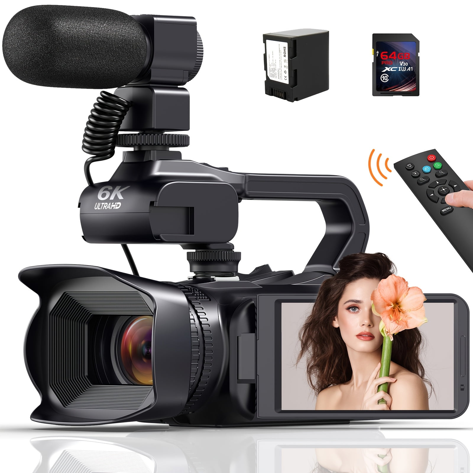 6K 64MP Video Camera Camcorder, 18X Digital Zoom IR Night Vision Vlogging, 4.0" Touch Screen Digital Camera with WiFi, Microphone, 64G SD Card, Remote Control, Cameras for Photography