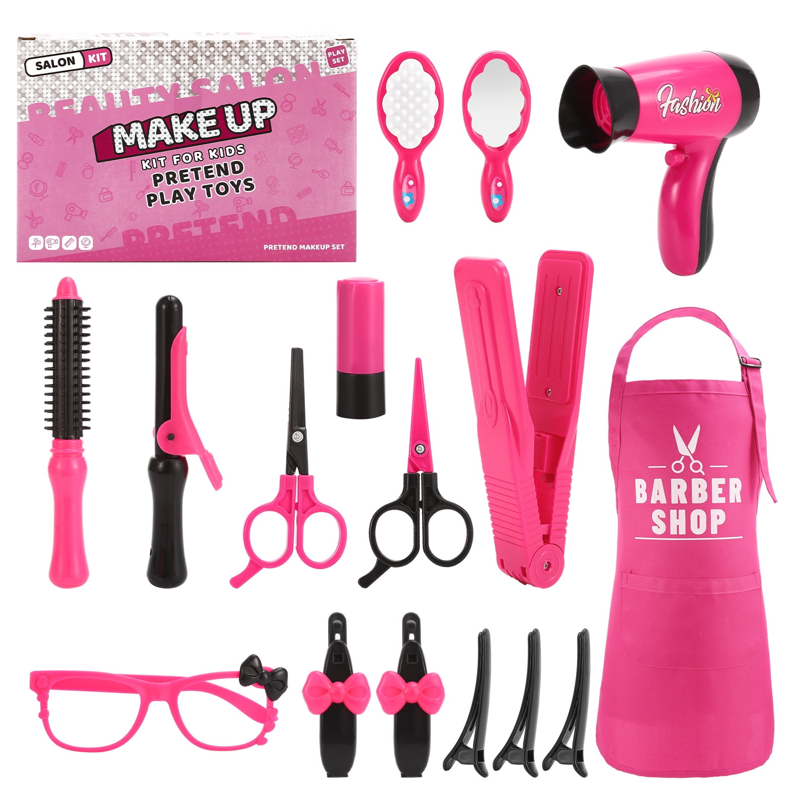 sixwipe Girls Beauty Salon Set, 17 Pcs Kids Beauty Salon Toy Kit, Pretend Play Hair Styling Set with Blow Dryer, Barber Apron, Scissors and Stylist Accessories, Girls Hair Salon Playset for 3-9