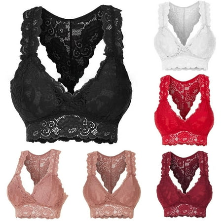 

Honrane Women Bra Floral Lace Wide Shoulder Strap Hollow Solid Color Beauty Back Brassiere for Sleeping