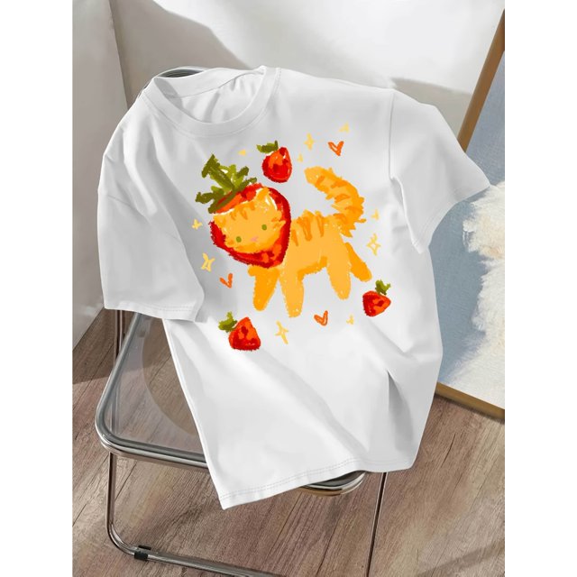 Cute Cartoon Colorful Strawberry Kitten Printed Casual T-Shirt for Women, Summer, Athletic Wear, Crew Neck, Cotton, Medium Stretch, All Seasons, Knit Fabric, 220 g/m²