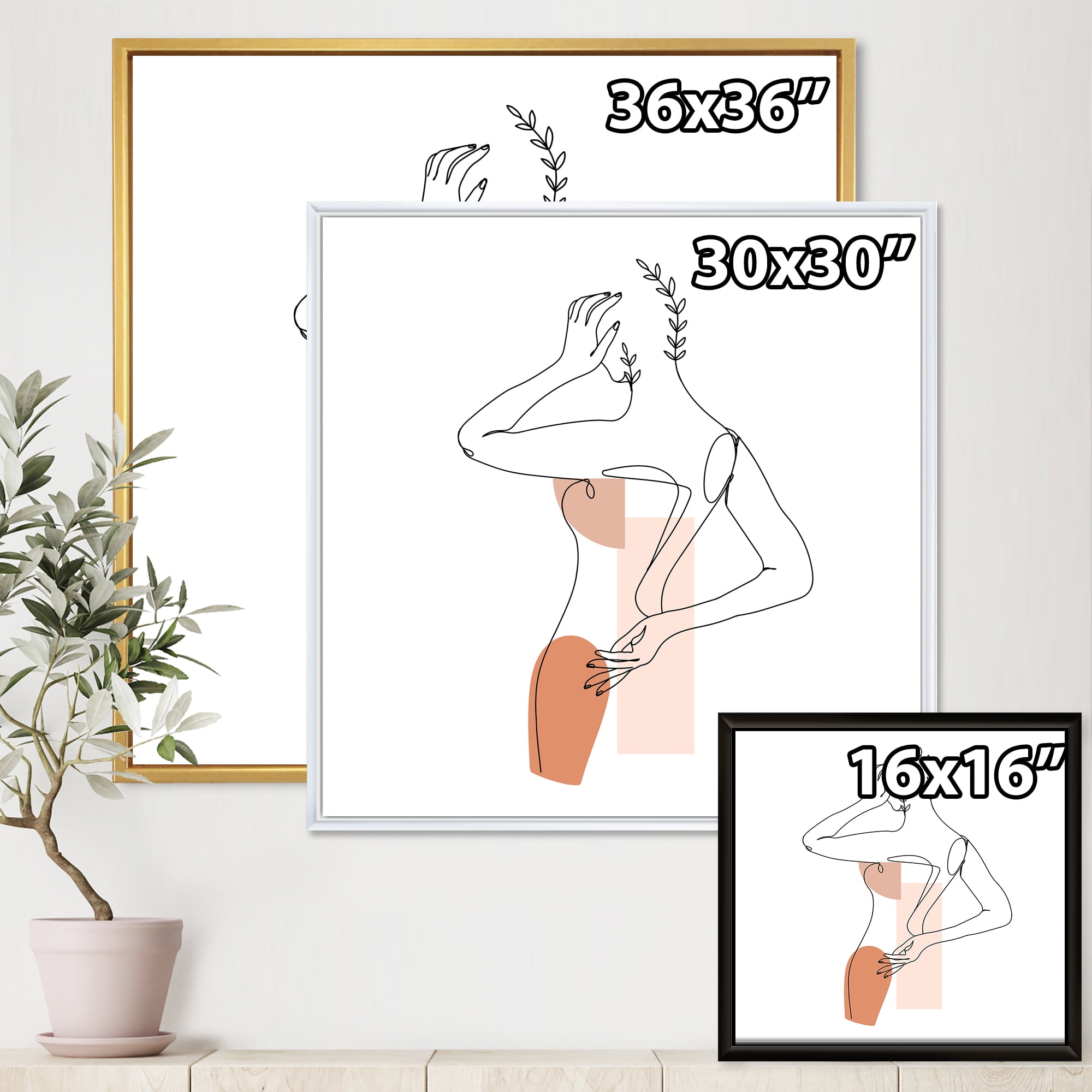 One Line Woman Portrait With Shapes and Leaves II 30 in x 30 in Framed Painting Canvas Art Print, by Designart