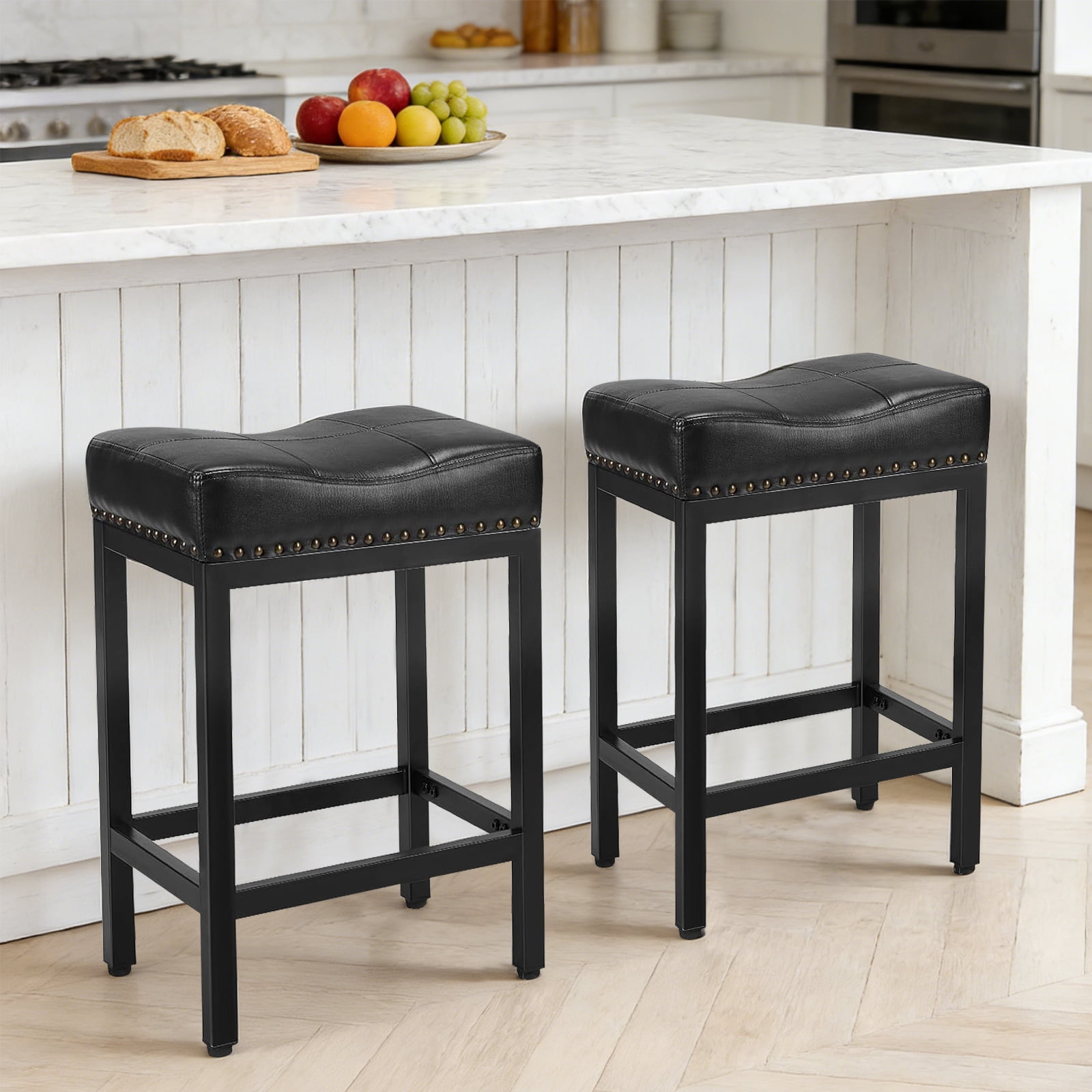 Sybels 24" Saddle Bar Stools (Set of 2) - PU Leather Counter Stools with Footrest for Kitchen Island, Cafe，Black