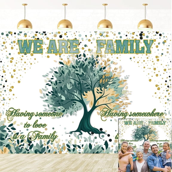 Family Reunion Beautiful Backdrop Green Family Tree We are Family Glitter Photography Background Welcome Home Gathering Adoption Party Decorations Banner Photo Props