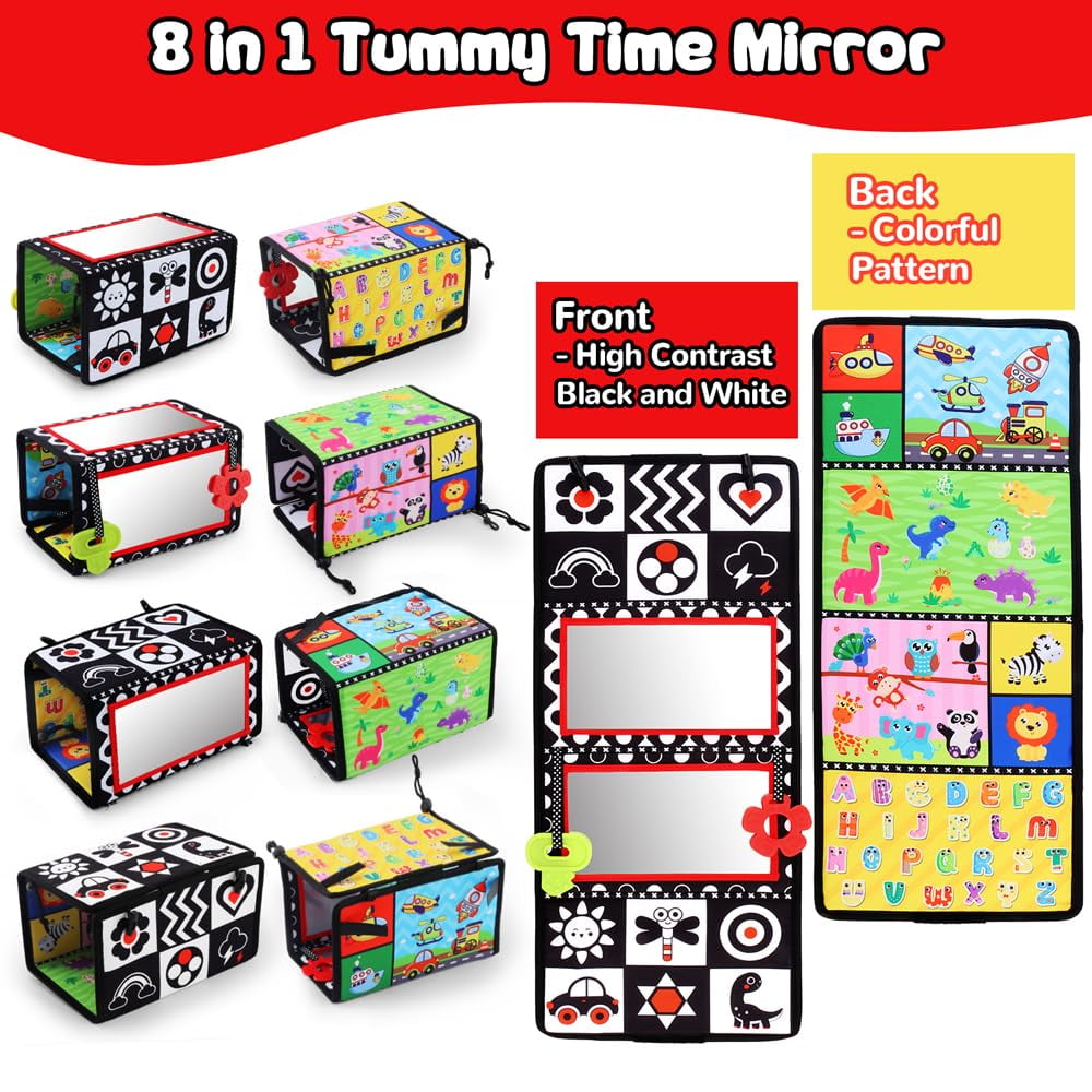 Tummy Time Floor Mirror with Teethers, Double-Sided Baby Mirror Black and White High Contrast Baby Toys for Babies, Baby Montessori Toys Crawling Developmental Newborn Infant Sensory Toys
