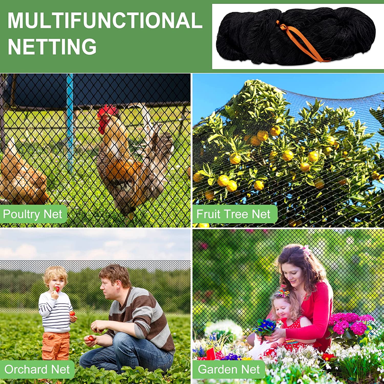 Bird Net - 25' x 50' Garden Netting with 2.4" Square Mesh Protect Fruit Tree, Plant and Vegetables from Poultry, Deer Pests, Heavy Duty for Garden, Farm, Orchard