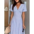 thumbnail image 5 of Women's Blue Striped V-Neck Puff Sleeve Midi Dress for Summer Casual, Beach, Vacation, Office & Going Out, 5 of 7
