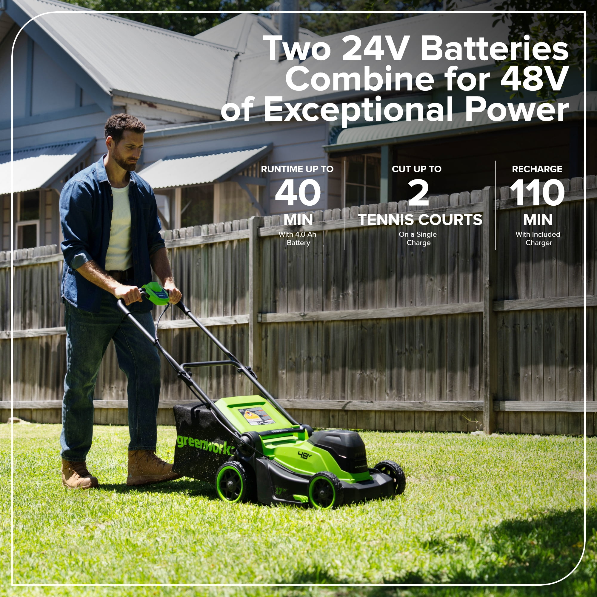 Greenworks 48V (24V x 2) 17" Brushless Push Mower + 270 CFM/130MPH Blower + 12" String Trimmer Combo with (2) 4.0Ah Batteries, 65W Type-C Charger, (2) 3-ft Cables