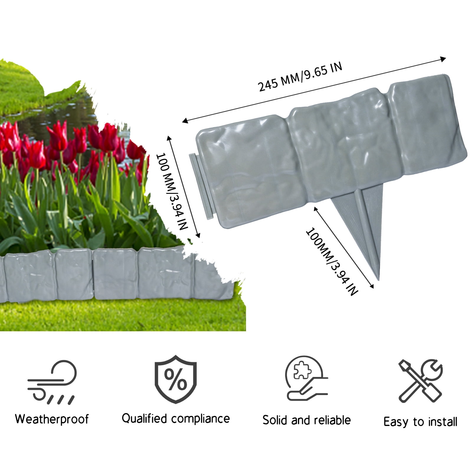 FRTDNE 40Pcs Garden Edging Border Landscape Edging Border,32ft Plastic Garden Edging Stone Look Border for DIY Outdoor Yard Landscaping Flower Bed and Grass,Gray