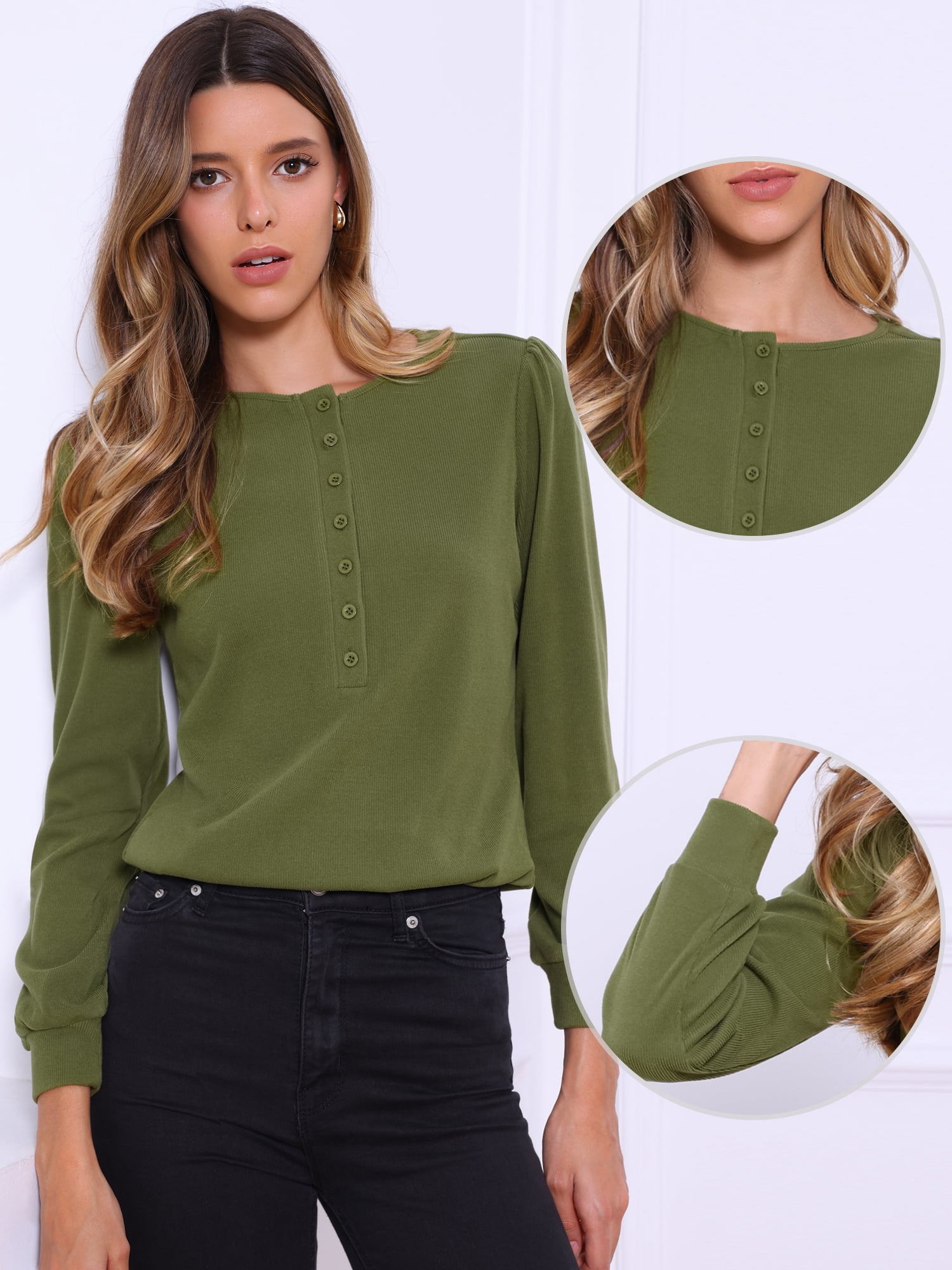 DARING DIVA Women's Long Sleeve Henley Crew Neck Tops Shirt Blouses XS Green