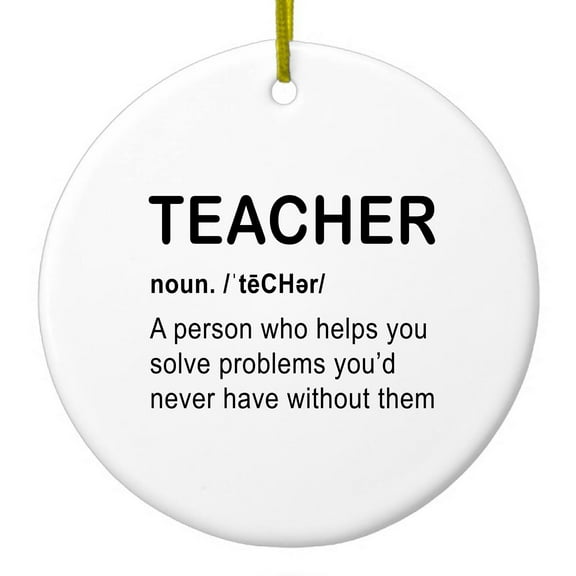 DistinctInk Hanging Ceramic Christmass Tree Ornament with Gold String - Great Gift / Present - 2 3/4 inch diameter - Teacher Definition Solves Problems