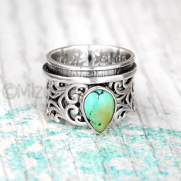 Mizaara, Copper Turquoise Spinner Sterling Silver Band Ring, Genuine Gemstone Jewelry, Anxiety Spinning, Handmade Bohemian Funky Silver Thumb Fidget Ring, Pear Shape Gemstone Spinner Band, Dainty Ring