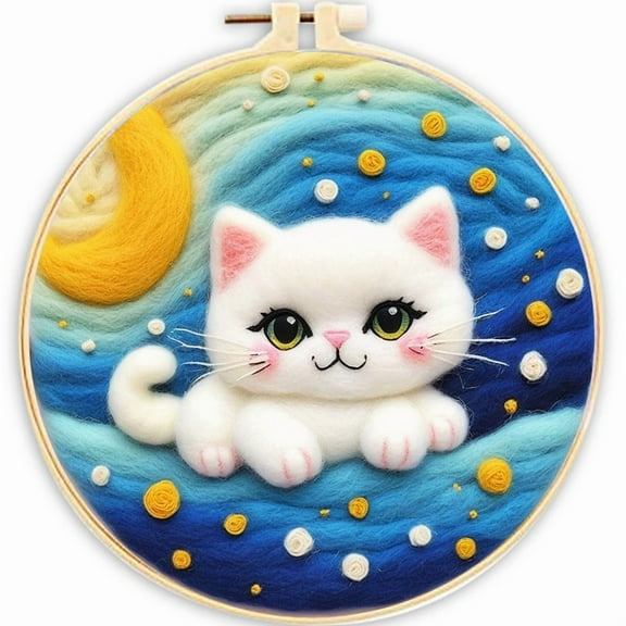 Kitten Needle Felting Set Beginner Felt Painting Set with Decorative Frame Suitable for Home Decoration Christmas Gift