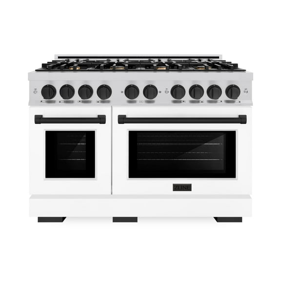 ZLINE Autograph Edition 48 in. 6.7 cu. ft. Double Oven Dual Fuel Range with 8 Burner Gas Cooktop in Stainless Steel with White Matte Door and Matte Black Accents (HDRZ-WM-48-MB)