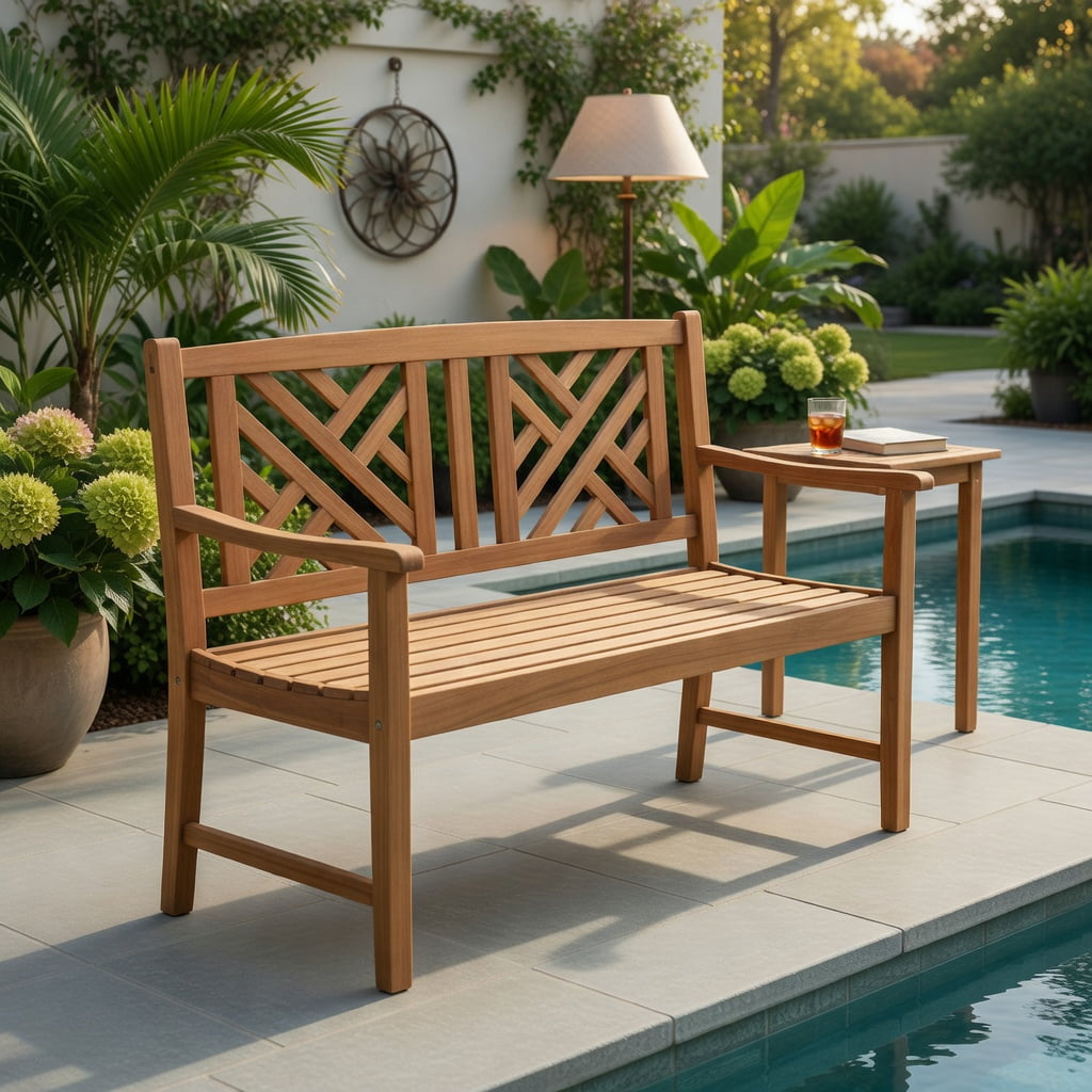 Hommoo Acacia Wood 2-Person Outdoor Bench with Ergonomic Armrests & Slatted Backrest, Garden Patio Bench for Backyard, Porch, Deck, Brown