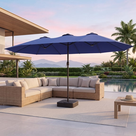 KAMEROUT 15ft Double Sided Patio Umbrella with Base, Large Outdoor Umbrella for Poolside and Market, Navy Blue