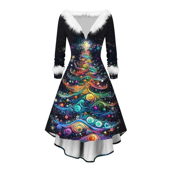 Lorytime Womens a Line Dress Formal Christmas Tree Plush V-Neck Elegant Dresses Long Sleeve Party Dresses