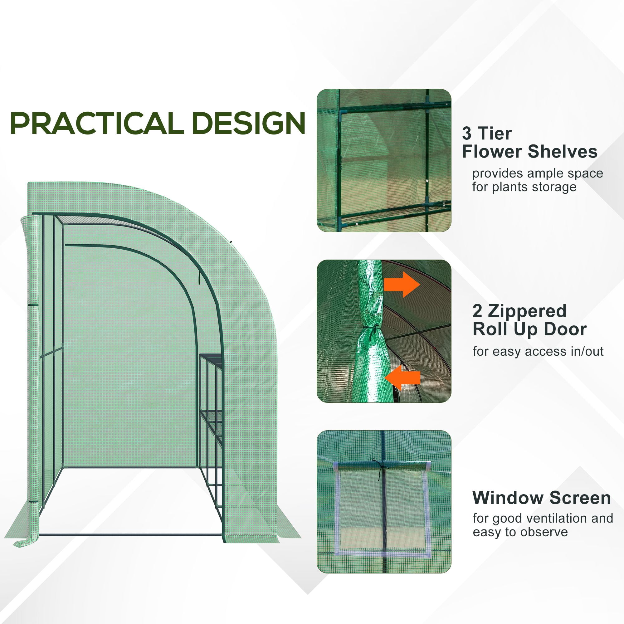 Outsunny 10' x 5' x 7' Lean-to Walk-In Greenhouse with PE Cover & 3 Wire Shelves, Green
