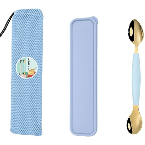 Children Tableware Double-Headed Mud Cutlery Scraper Sppon Baby Fruit Food Supplement Spoon Multifunctional Fruit Puree Scoop,Blue Silver