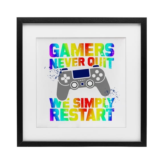 Rainbow Gamers Never Quit Black Framed Print Under Glass, design by Kim Allen