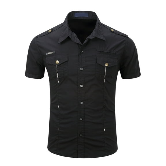 LIIPEE Men Shirts Casual Solid Color Lapel Short Sleeve Button Up Cargo Shirt Male Classic Fit Fashion Tops With Pockets Outdoor Comfortable Breathable Soft Daily Shirts,Black,L