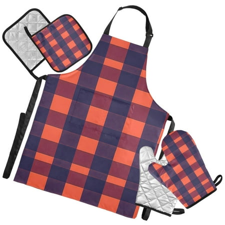 Ryvnso Orange Checkered Kitchen Apron Oven Mitts Set Pot Holders