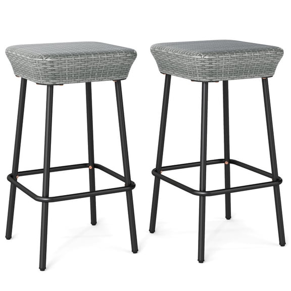 Biotree Set of 2 Patio Backless Bar Stools with PE Rattan Seat and Footrest, Gray - Outdoor Patio Bar Height Chair with Footrest