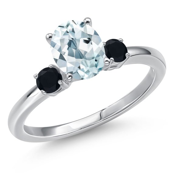 Gem Stone King 14K White Gold Sky Blue Aquamarine and Black Onyx Engagement Ring for Women | 1.40 Cttw | Oval 8X6MM | Gemstone March Birthstone | Size 5