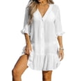 thumbnail image 3 of Women'S V Neck Ruffled Cover Up Button Down Bathing Suit Beach Dress with Short Sleeves White XL, 3 of 8