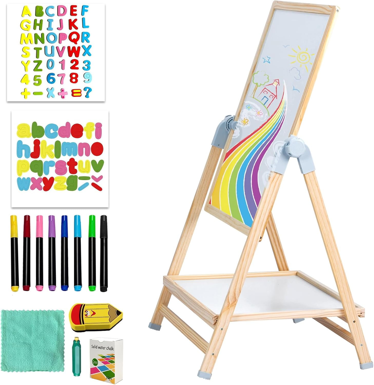 XYJBHB Art Easel for Kids, Double-Sided Kid's Easel with Magnetic Whiteboard & Chalkboard, Adjustable Kids Land Easel, Learning-Toy for 3,4,5,6,7,8 Years Old Boy&Girls