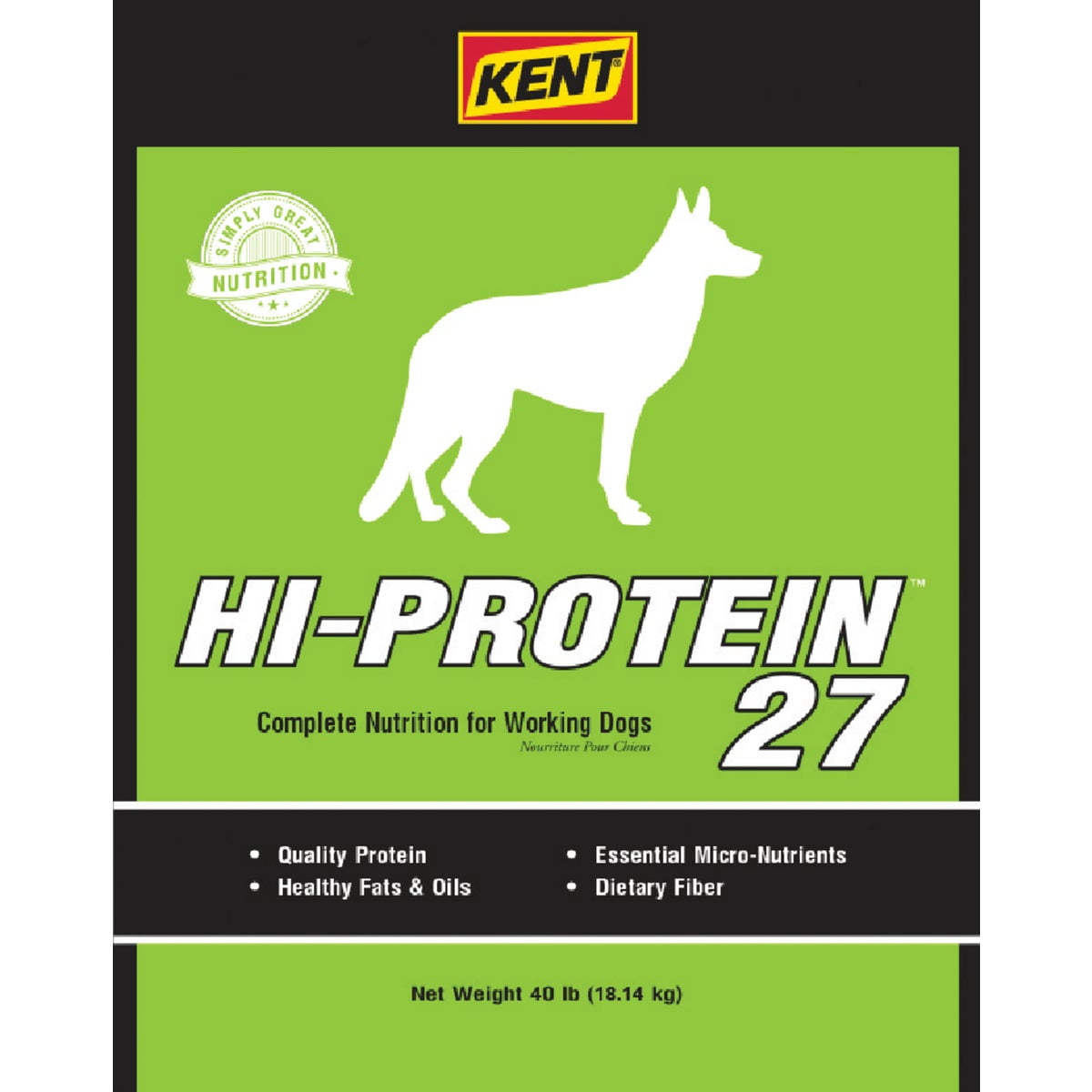 KENT 40LB Hi-Protein 27 Adult Dog Food - Essential Ingredients for Working Dogs