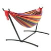 Sunlidress 9ft Black Steel Pipe Hammock Frame with 200*150cm Polyester Cotton Hammock Four Red Strip Natural Ro