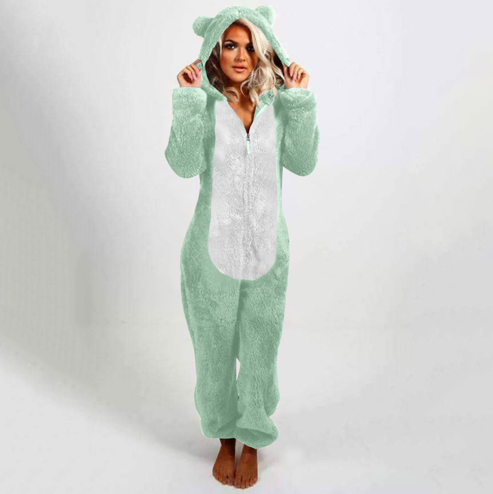 Lovskoo Womens Fluffy Hooded Jumpsuit Fuzzy Pajamas Long Sleeve Cute Ear One Piece Onesie Winter Warm Rompers Sleepwear Green