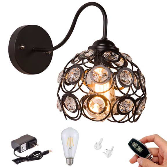 Kiven 1-Light Battery Operated Iron Wall Lamp, Vintage Black Rechargeable Wall Sconces, E26 Socket Bulb Included(Warm White)Wire Cage Wall Light Fixture