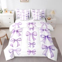 Feelyou Teens Princess Bow-tie Bedding Comforter Set 7 Pieces, Purple Cartoon Ribbon Full Bedding Set, Fairy Tale Reversible Fitted Sheet Flat Sheet, Microfiber Bedroom Decor