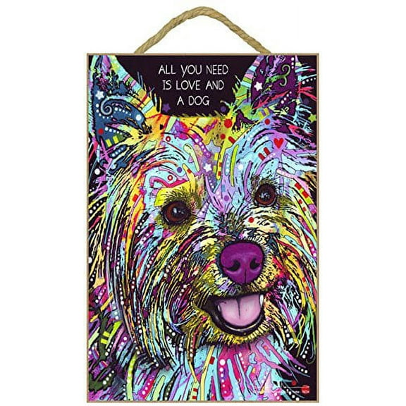 (SJT78234) Yorkie - All you need is love and a dog 7" x 10.5" wood plaque/sign featuring the artwork of Dean Russo