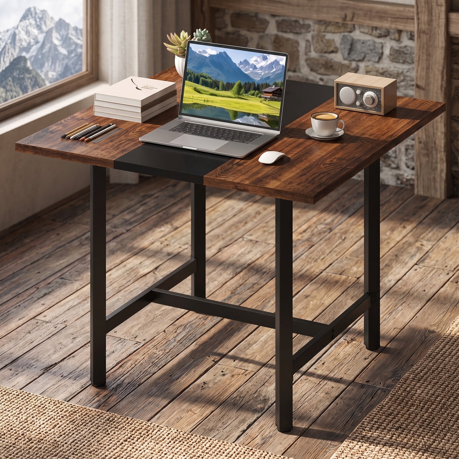 Furnibear 39.5 Inch Square Conference Table, Meeting Room Table with Thickened Tabletop and Reinforced H-Shaped Metal Frame, Seats 4 for Office Working, Rustic Brown